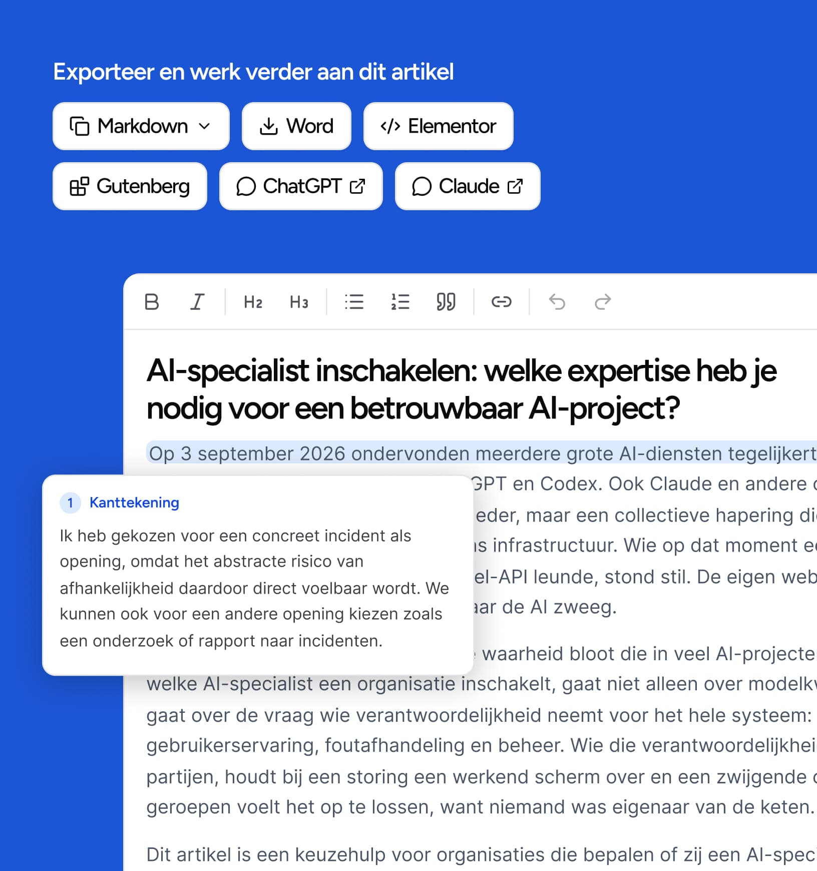 Een artikel van Genly met exportknoppen voor Markdown, Word, Elementor, Gutenberg, ChatGPT en Claude, en een kanttekening waarin Genly een keuze uitlegt
