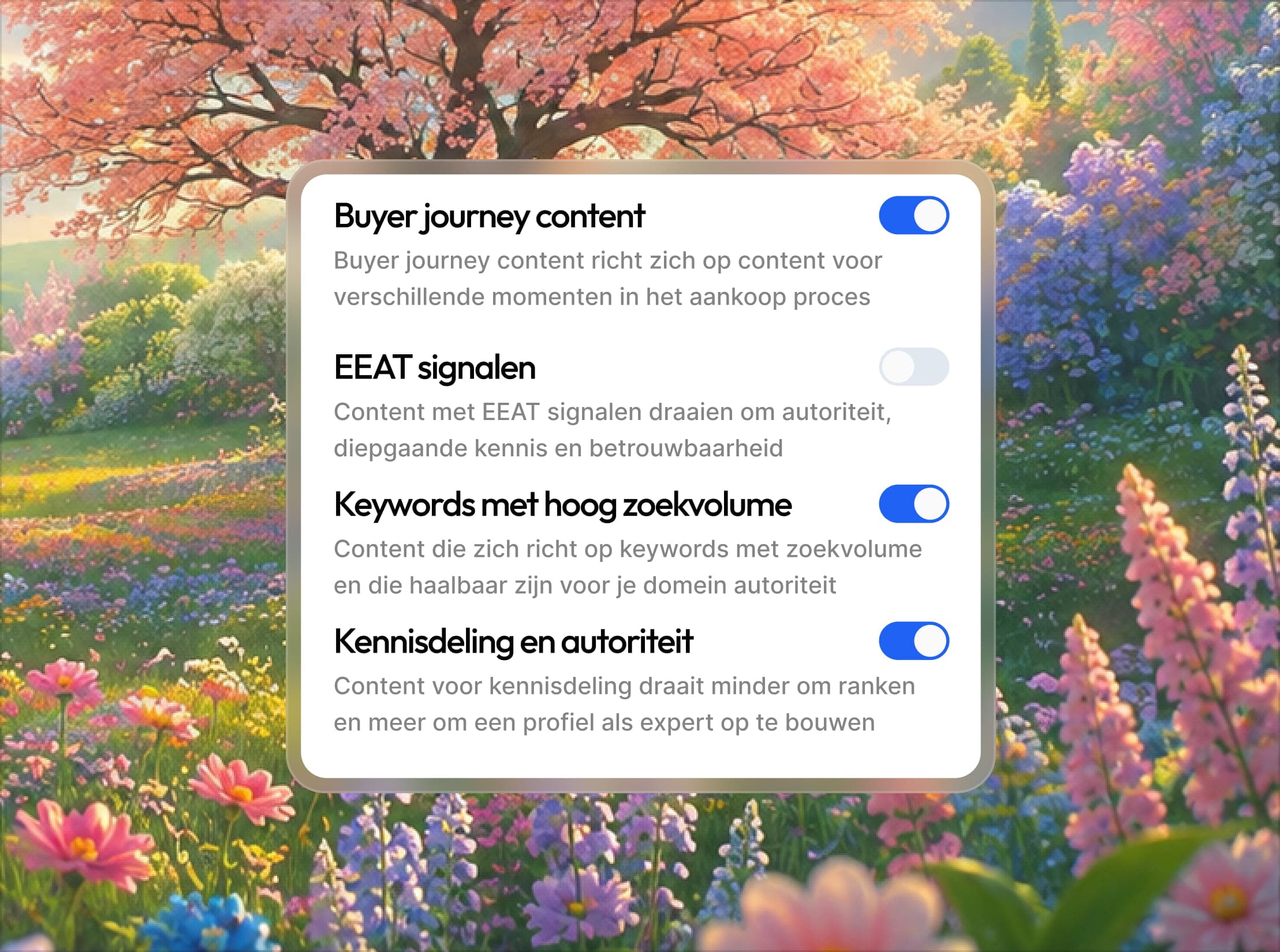 Schakelaars voor buyer journey content, EEAT-signalen, zoekvolume en kennisdeling