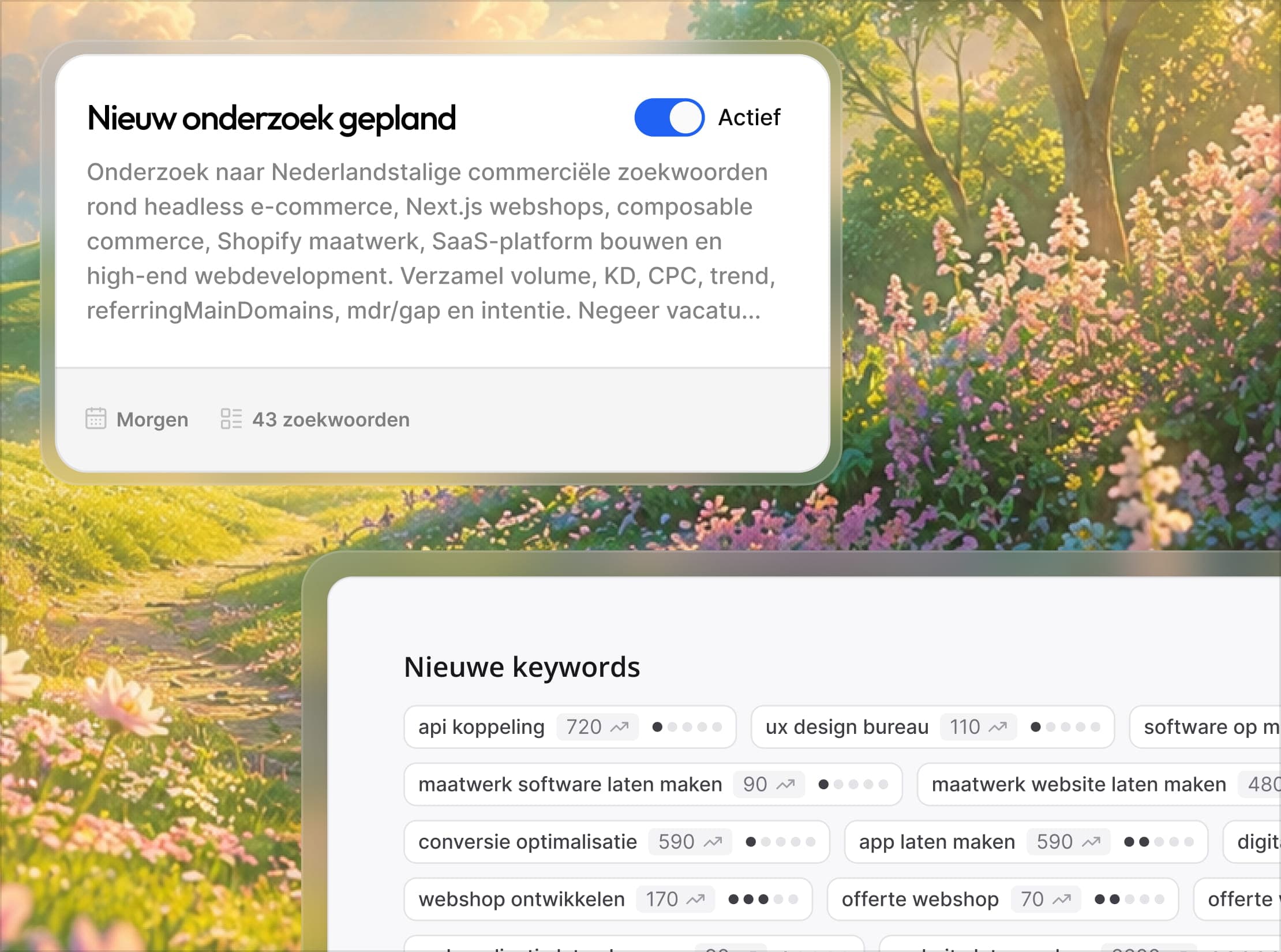 Nieuwe keywords met zoekvolume en moeilijkheid, naast een ingepland zoekwoordonderzoek
