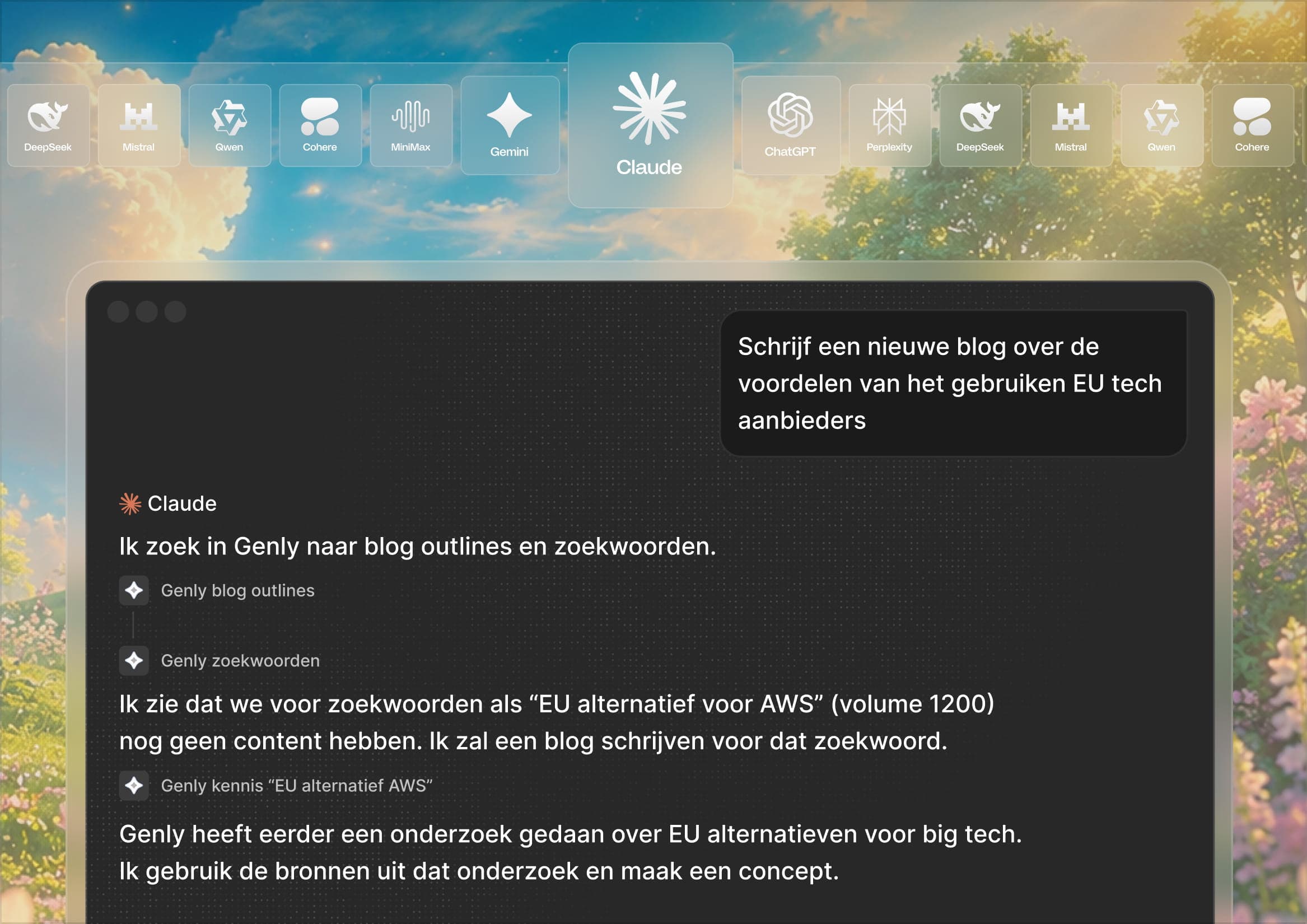 Claude die via MCP de blog outlines en zoekwoorden van Genly opvraagt