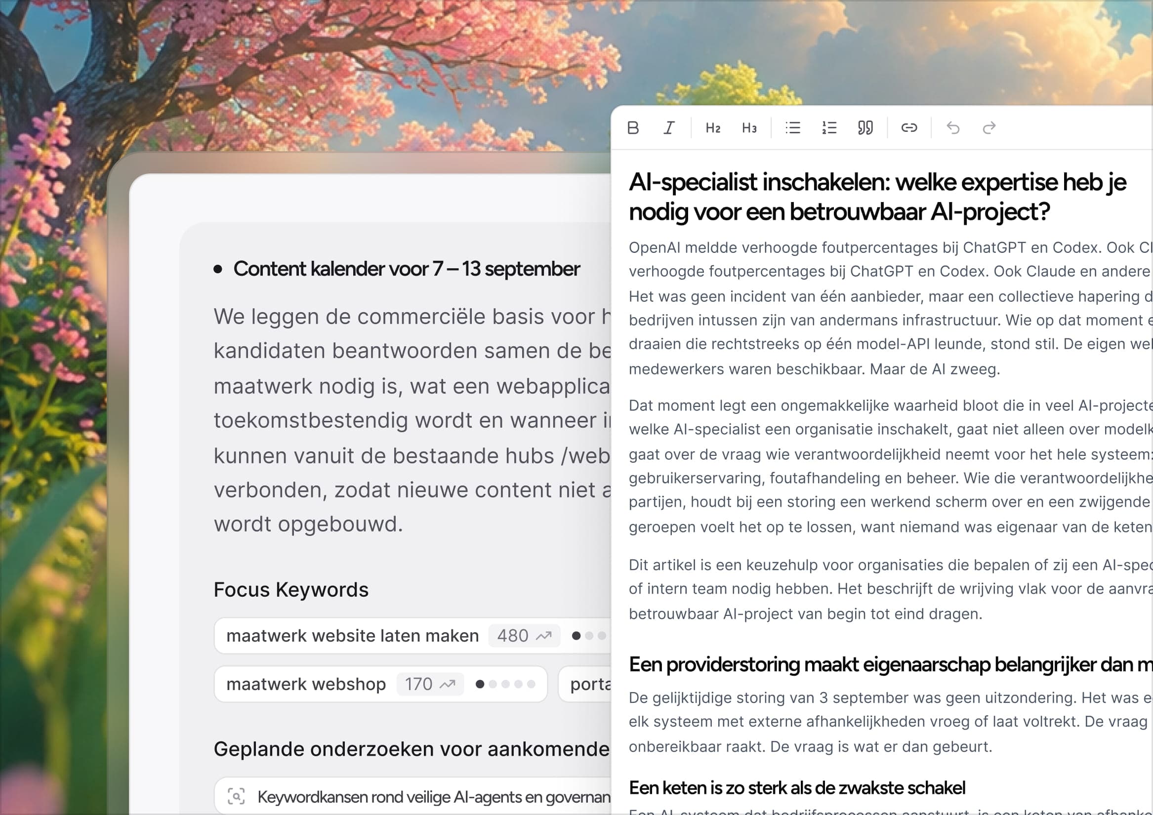 Contentkalender met focus keywords en geplande onderzoeken voor de komende week