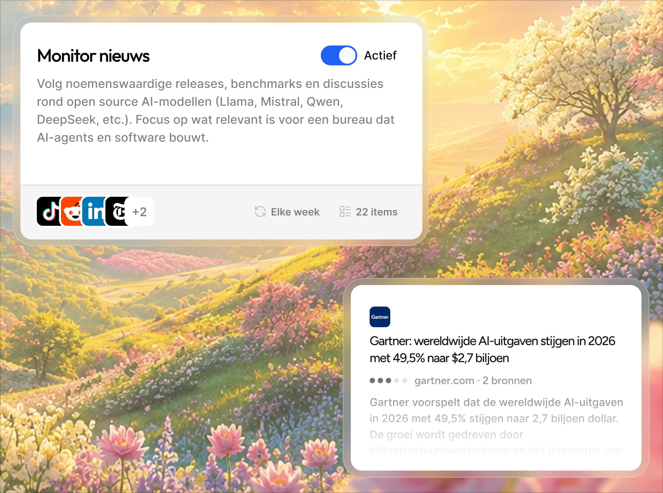 Nieuwsmonitor met een gevonden bericht en de bronnen eronder