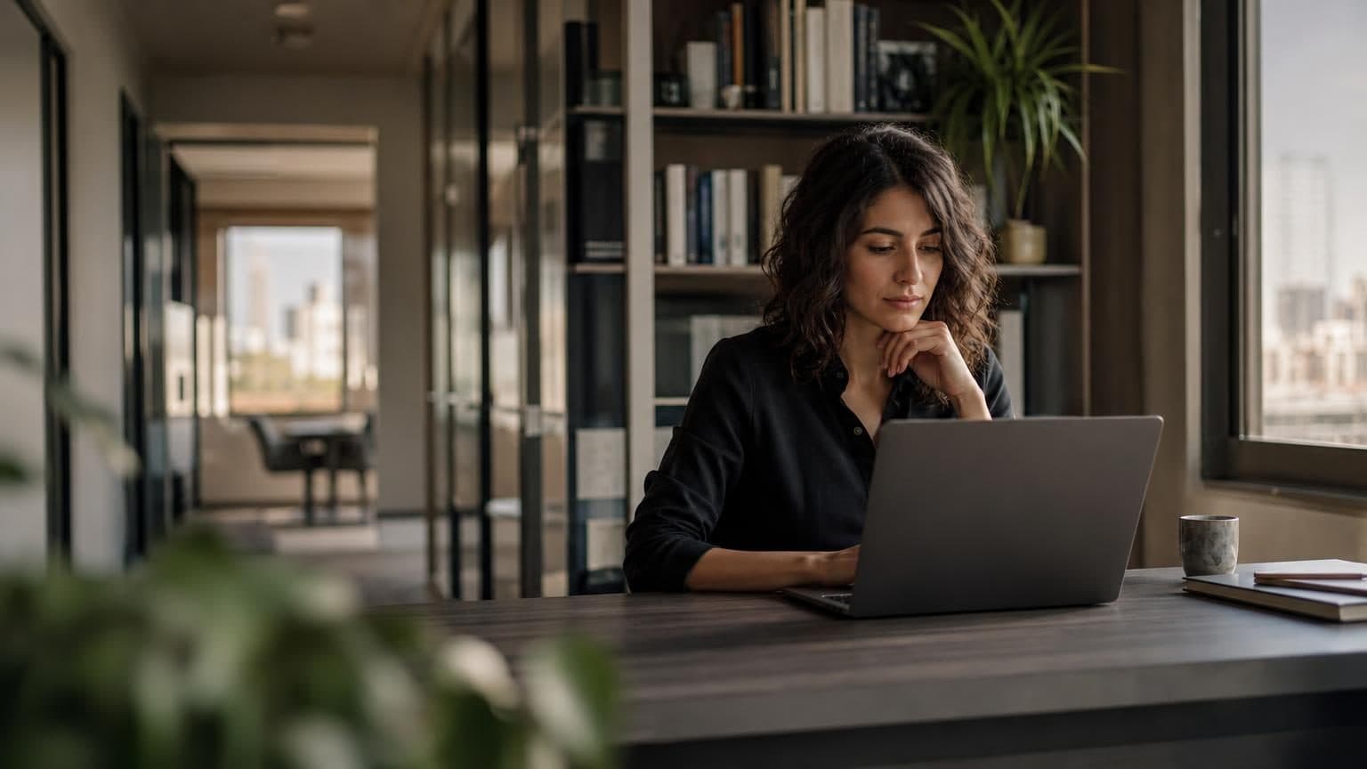 Redactionele specialist controleert AI‑gegenereerde tekst op een laptop, met een boekenplank en een raam op de achtergrond.