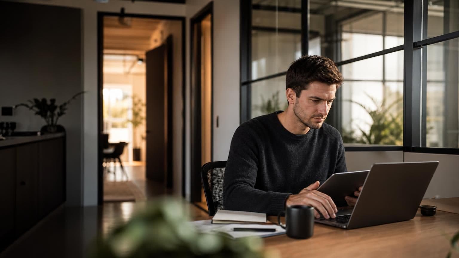 Jonge SaaS‑oprichter zit aan een bureau, werkt op een laptop; op de achtergrond is een kantoorhal met glazen wand te zien.